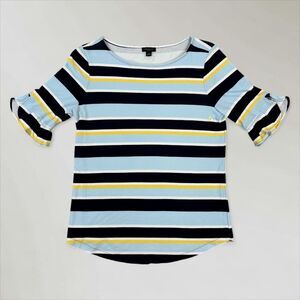 Ann Taylor Factory Women's Top Ruffle Split Sleeve Blue Yellow Striped Sz Sm